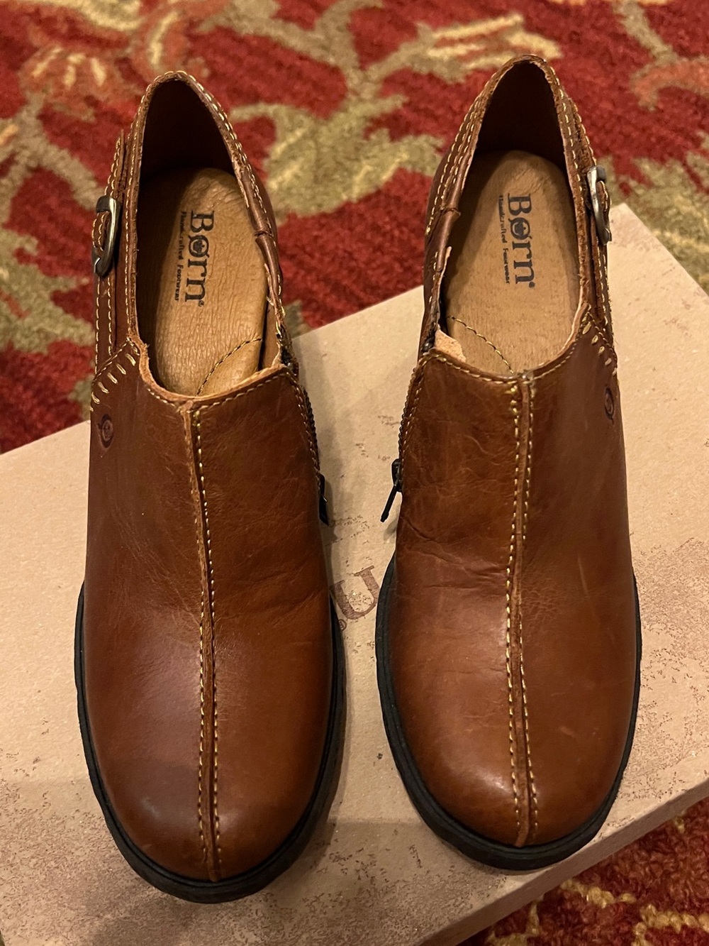 Born Women's Brown Leather Ankle Slip-Ons with Side Buckle